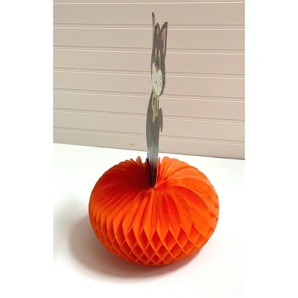 Vintage Honeycomb Halloween Decoration Black Cat on Pumpkin fall decor